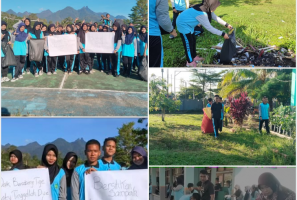 Kegiatan Beganjal (Gotong Royong) membersihkan pekarang sekolah dalam rangka memperingati hari bumi.